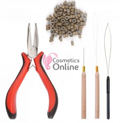 Set pentru extensii de par cu cleste SMR04J, 100 microring si accesorii, Saten Ash 52642 